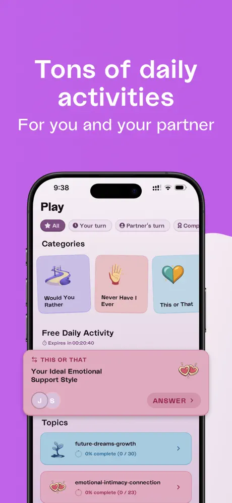 Daily couples activities and questions in the Loventure app